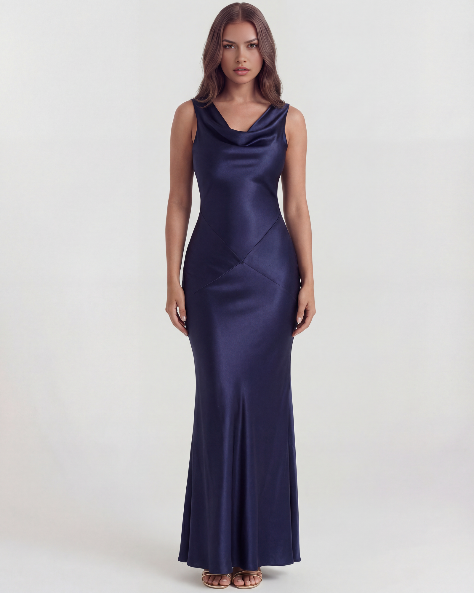 Vestido largo satinado con escote drapeado