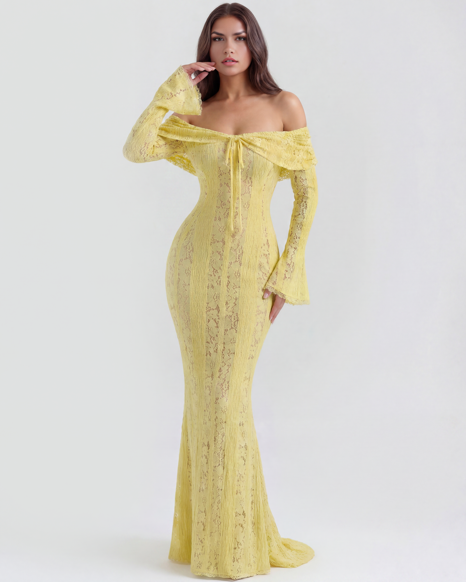 Vestido largo de encaje con escote bardot