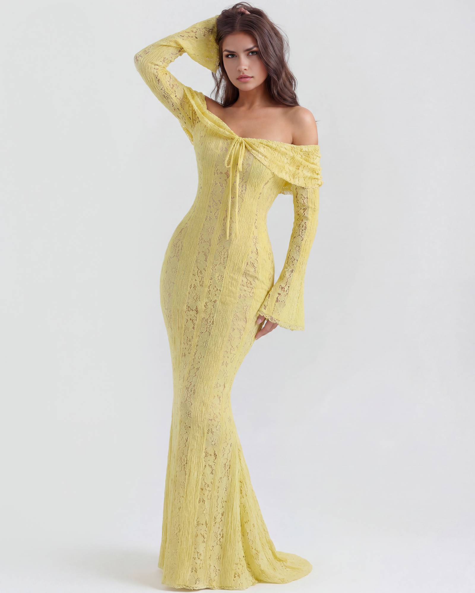 Vestido largo de encaje con escote bardot