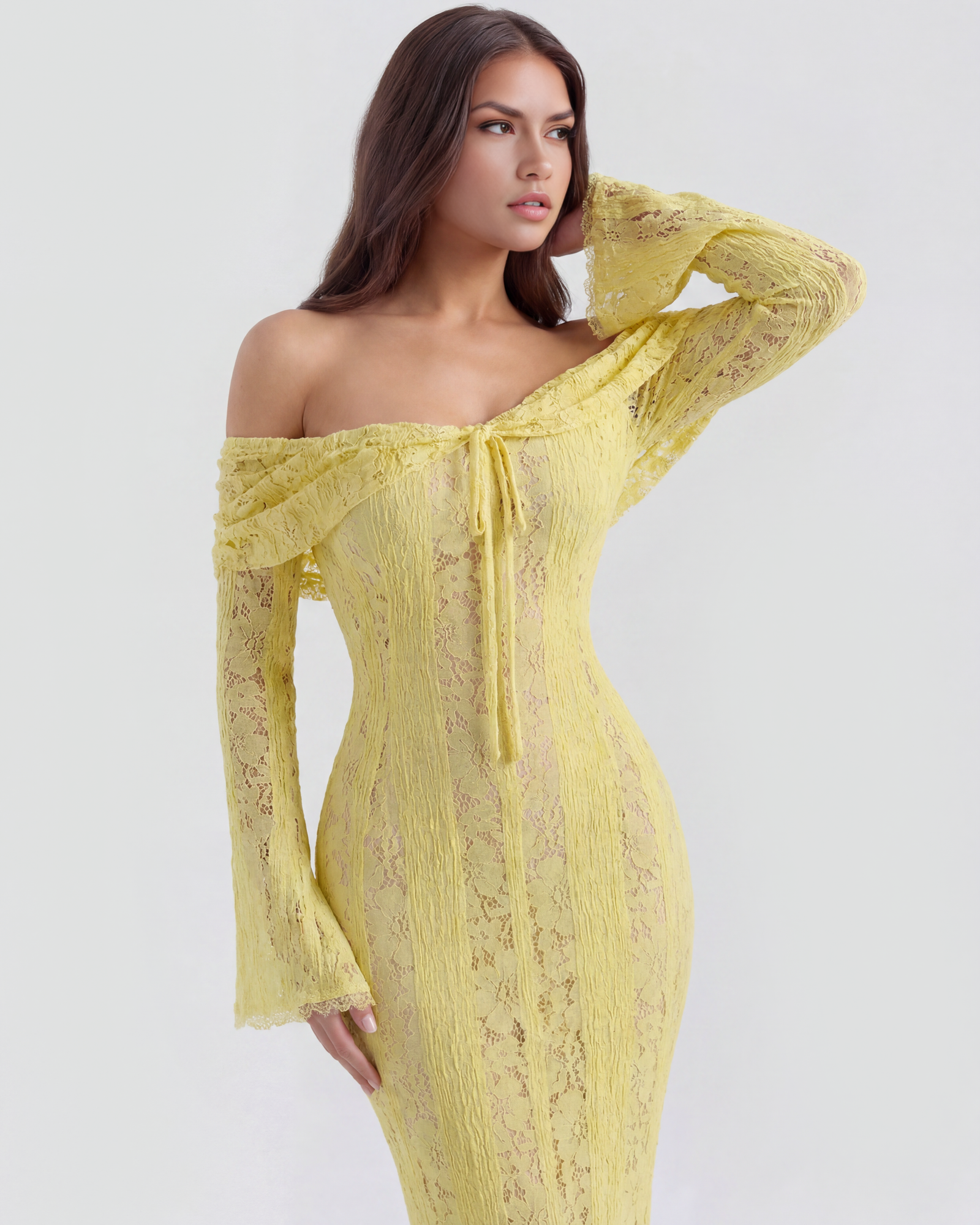 Vestido largo de encaje con escote bardot