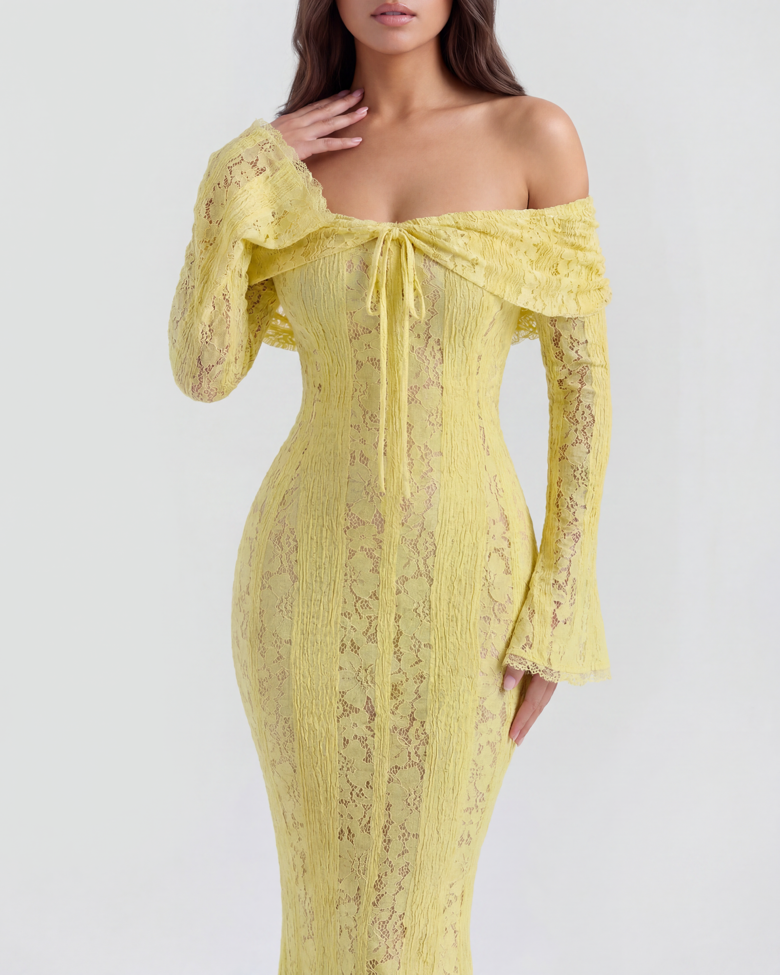 Vestido largo de encaje con escote bardot