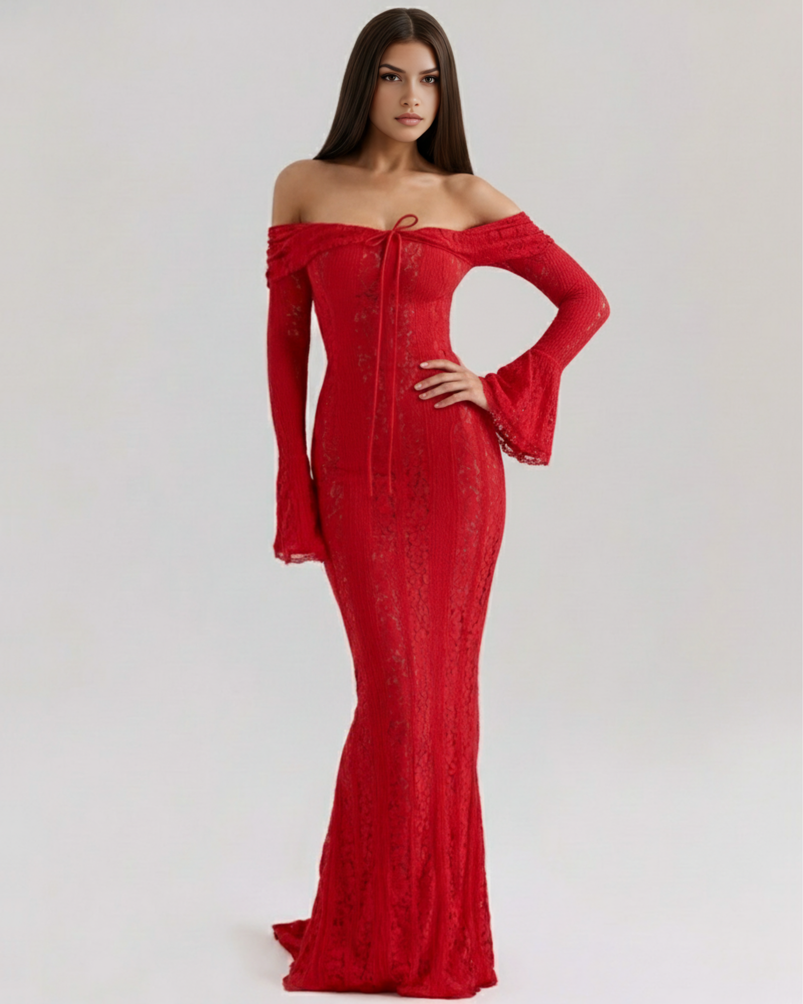 Vestido largo de encaje con escote bardot