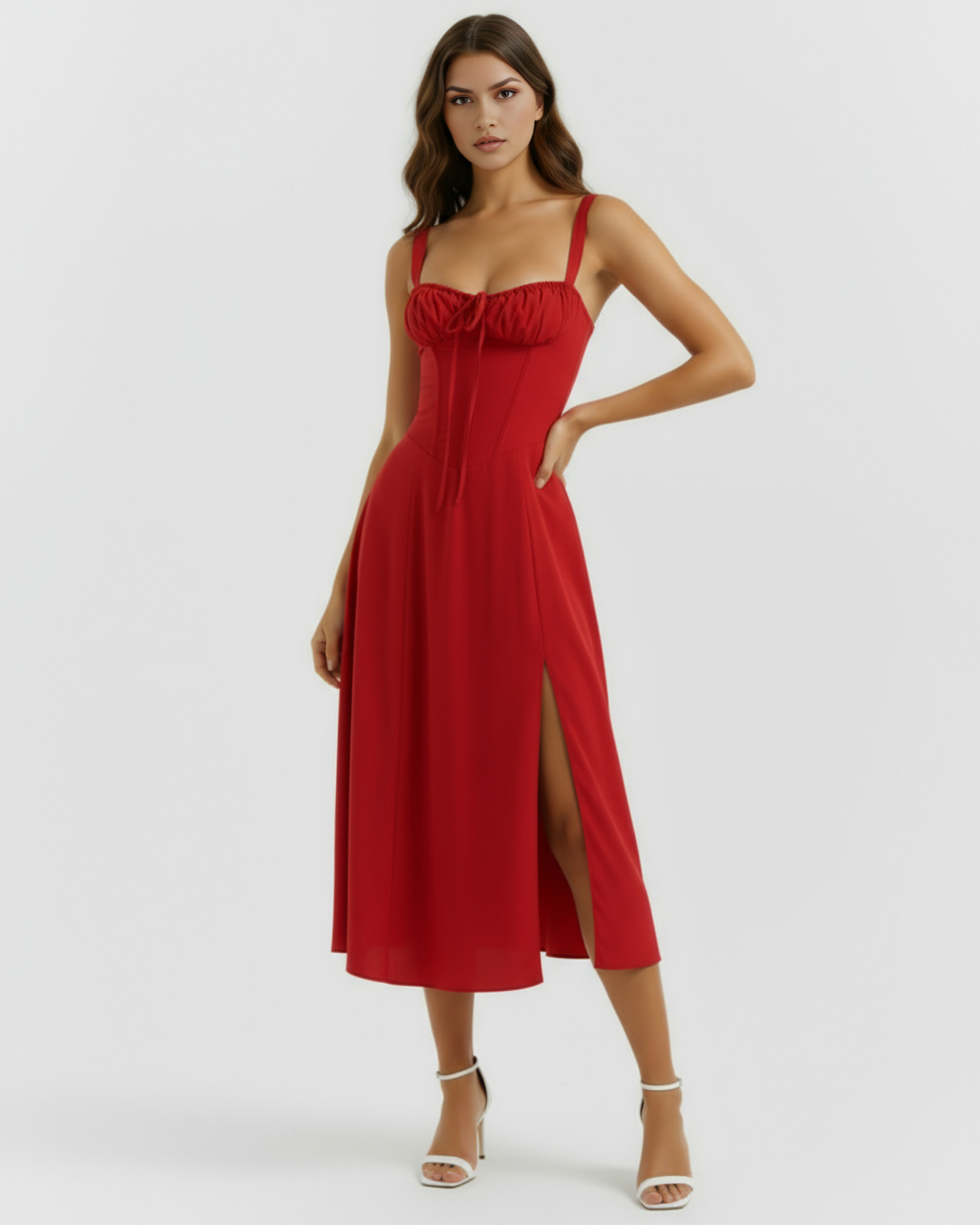 Vestido midi con corsé y abertura