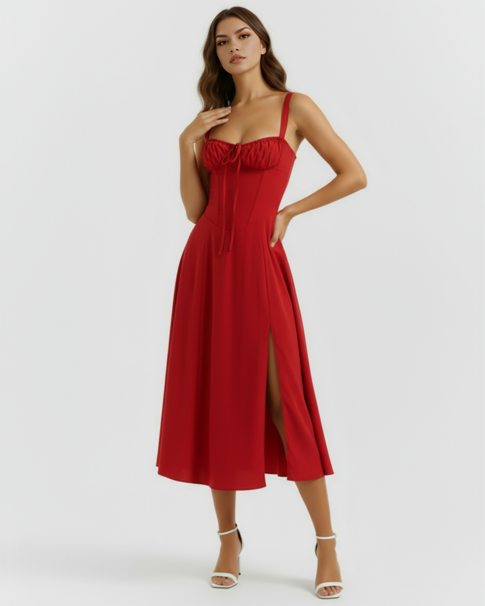 Vestido midi con corsé y abertura