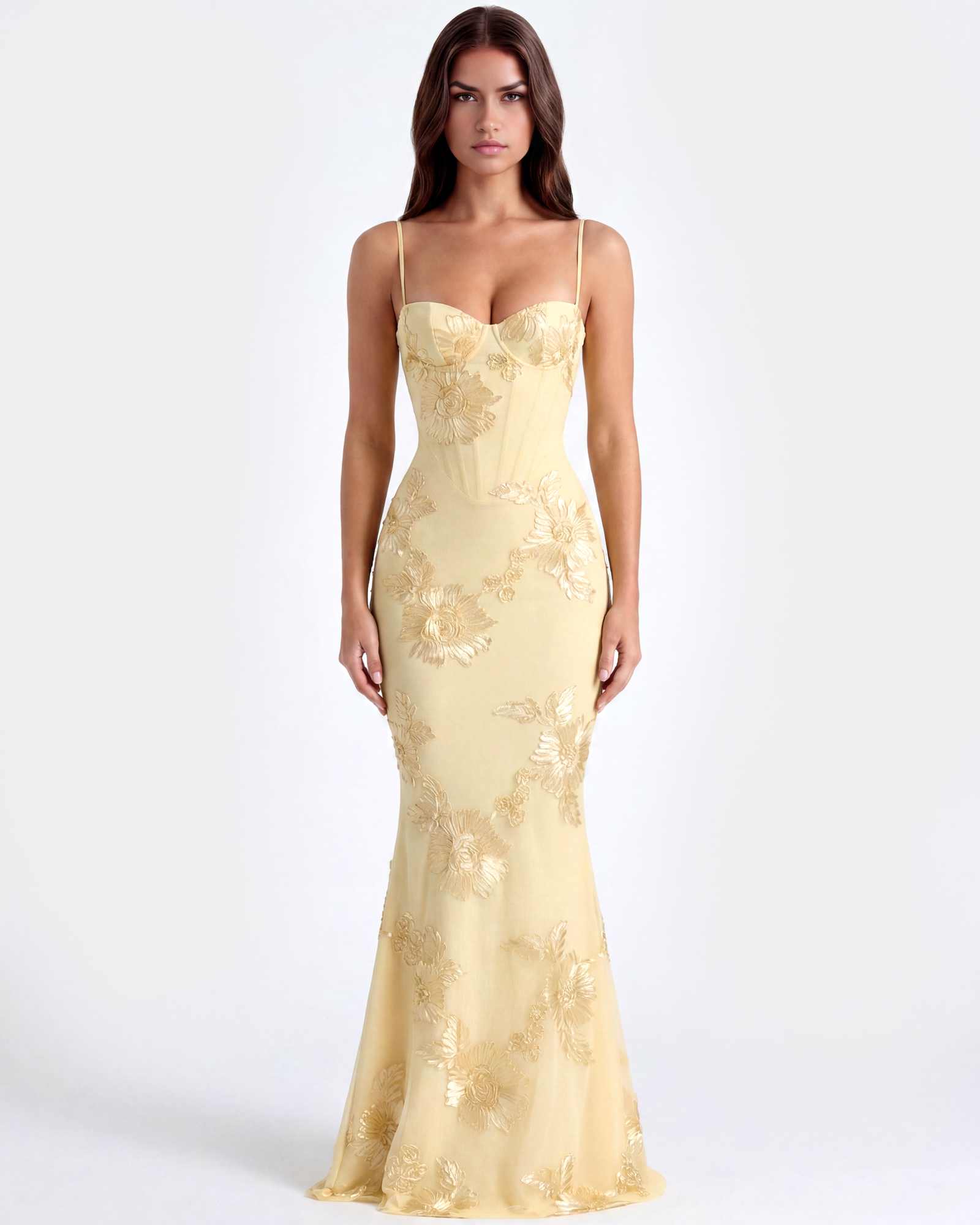 Vestido largo con corsé floral bordado