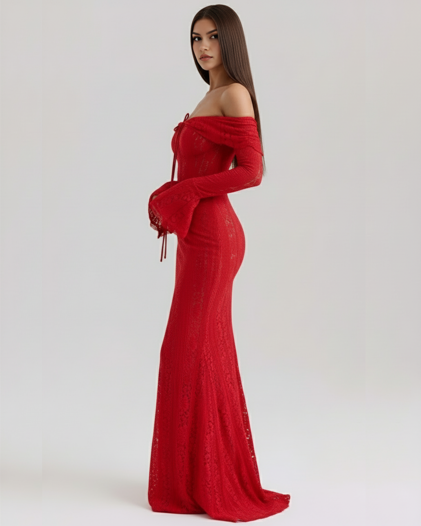 Vestido largo de encaje con escote bardot