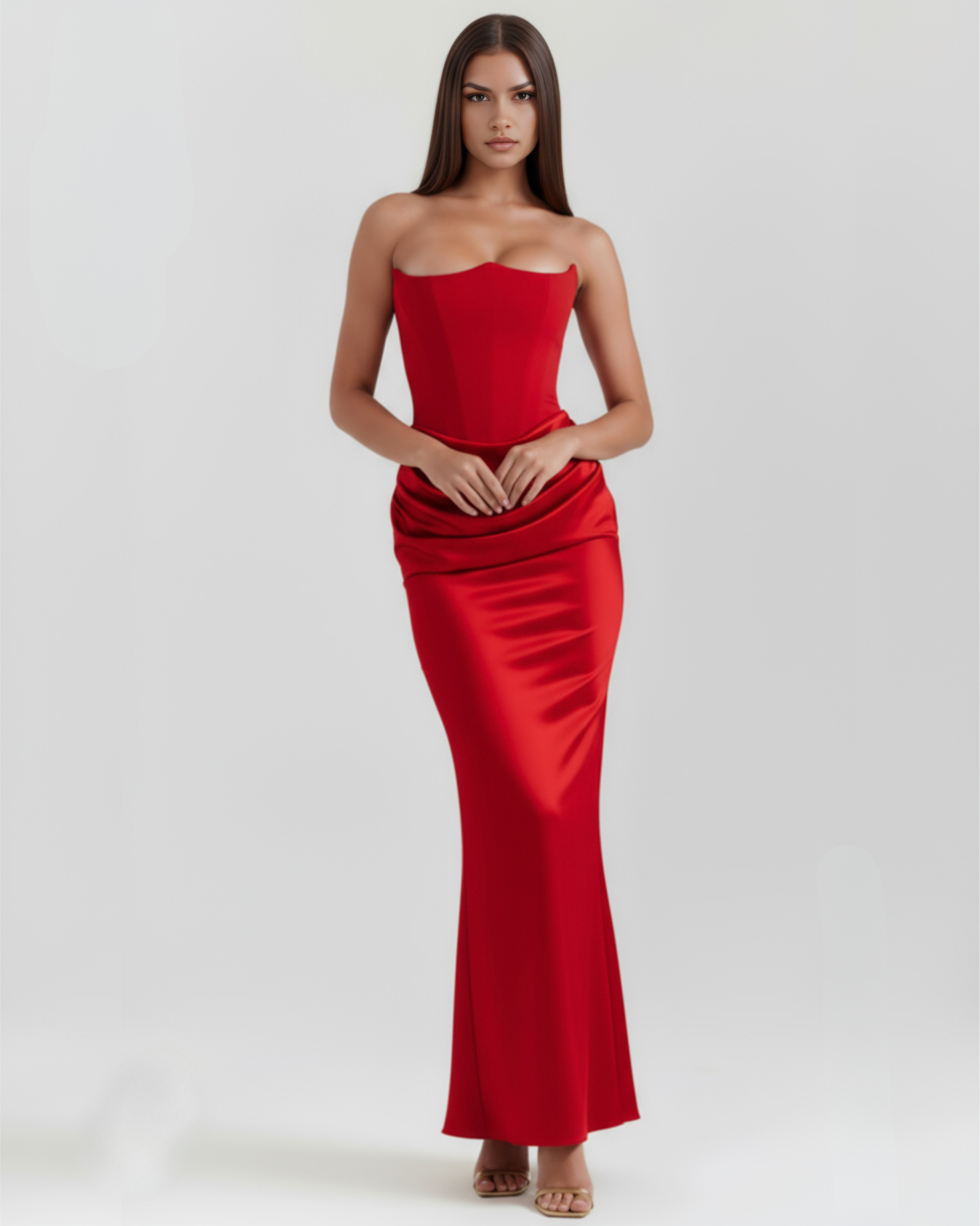 Vestido largo satinado con escote palabra de honor