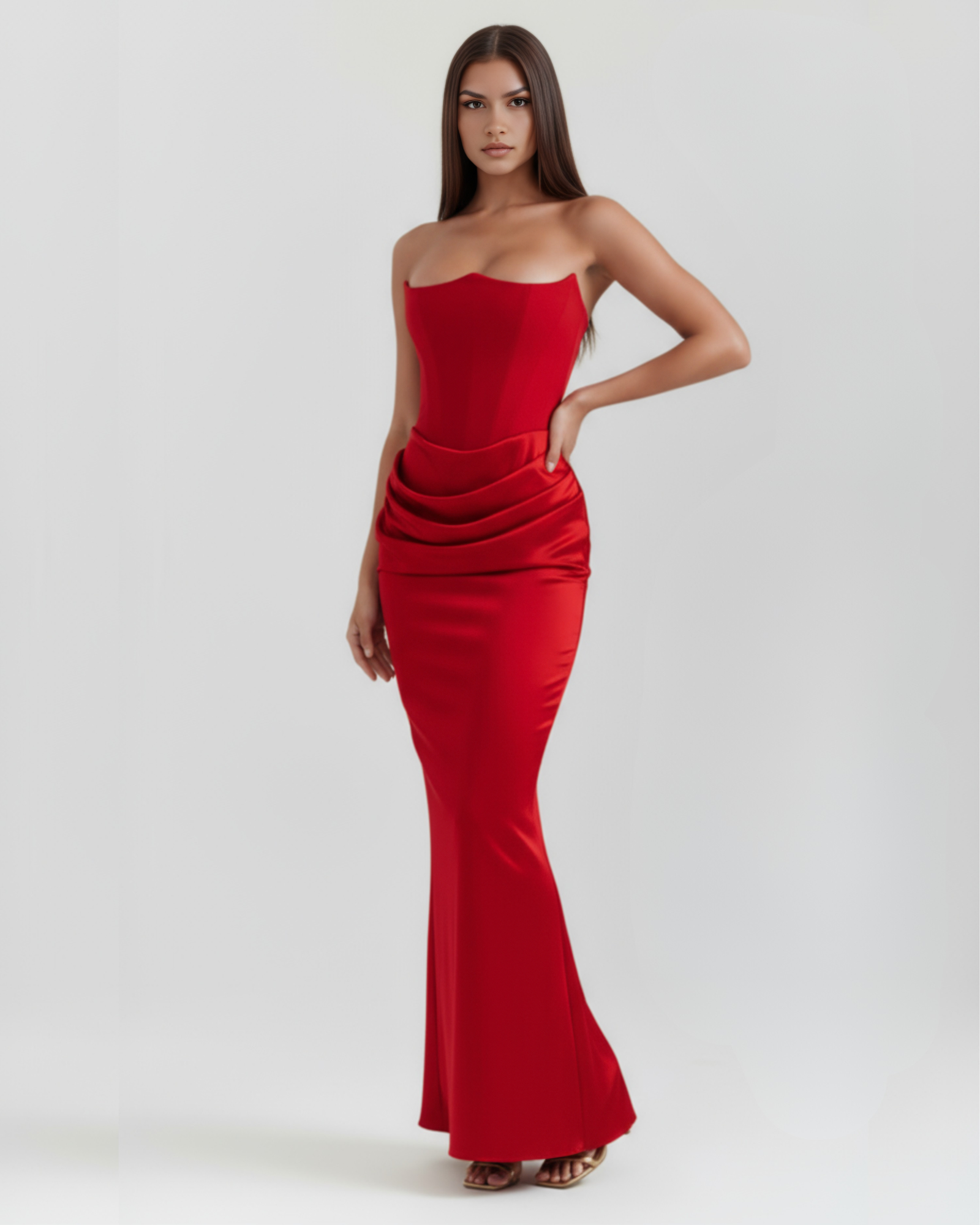 Vestido largo satinado con escote palabra de honor