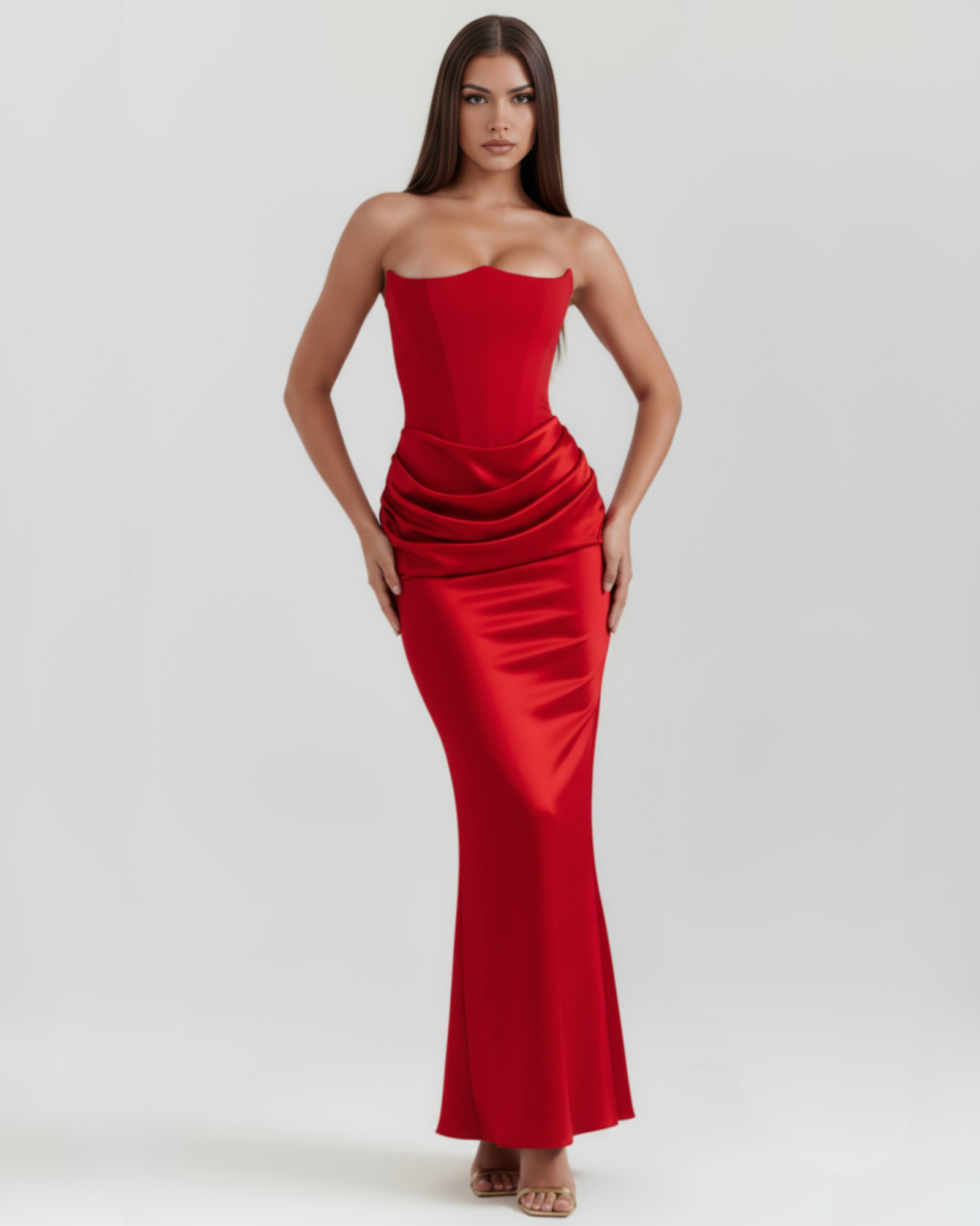 Vestido largo satinado con escote palabra de honor