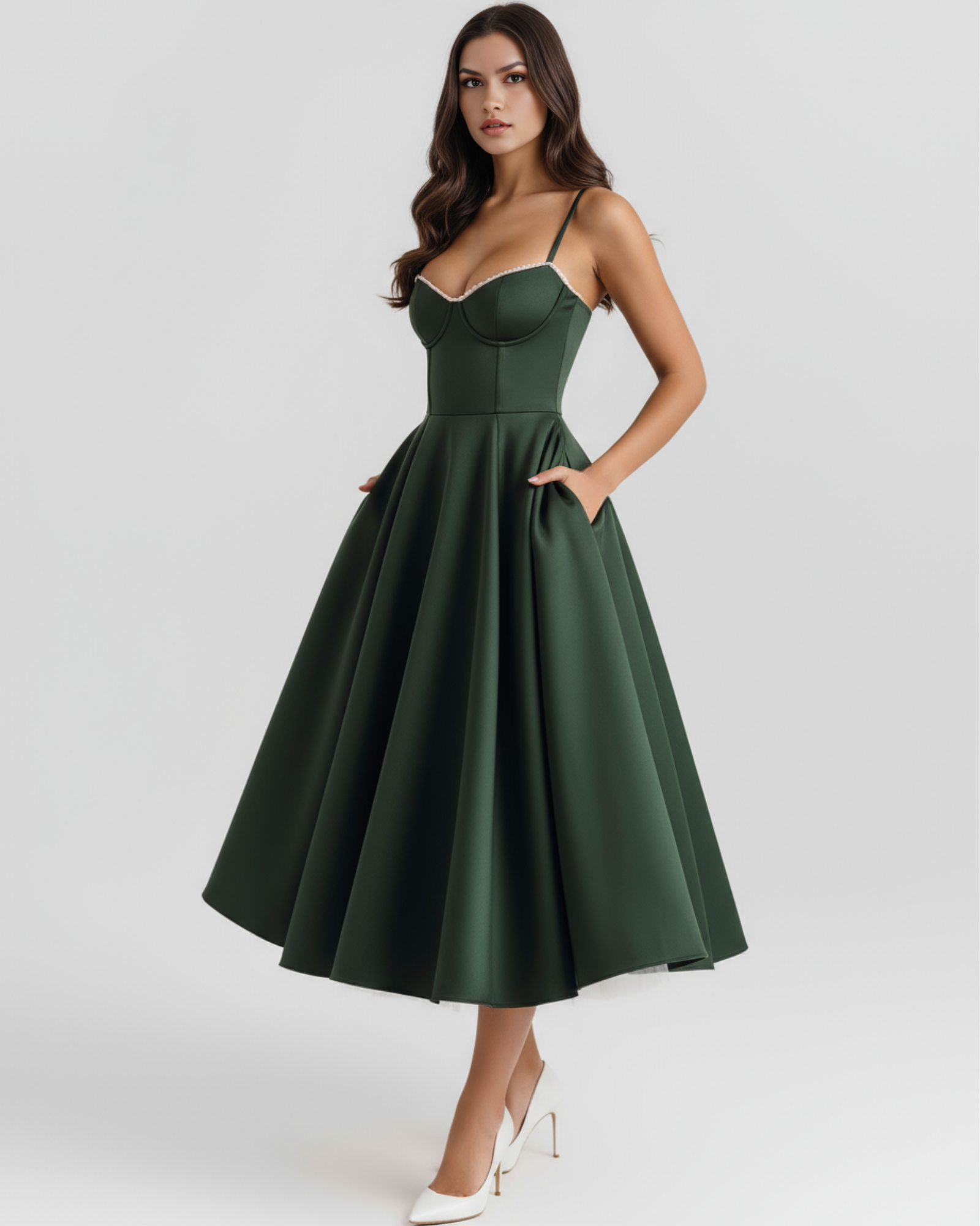 Vestido midi con corsé y falda amplia