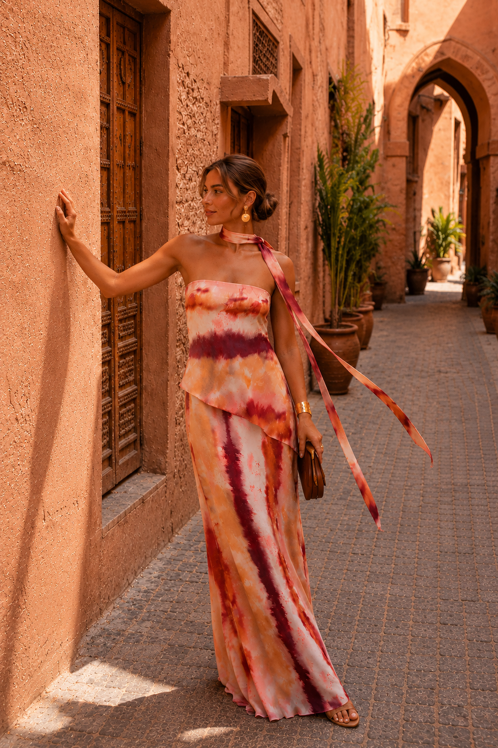 Vestido largo estampado con escote palabra de honor