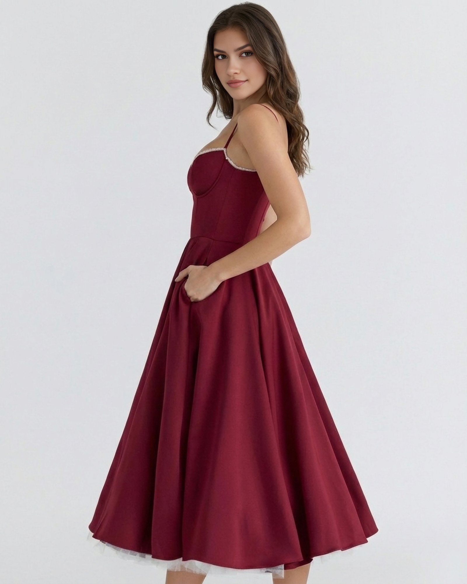 Vestido midi con corsé y falda amplia