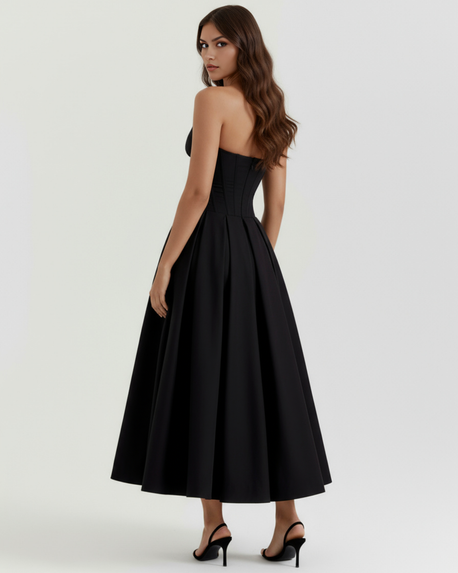 Vestido midi palabra de honor con falda amplia