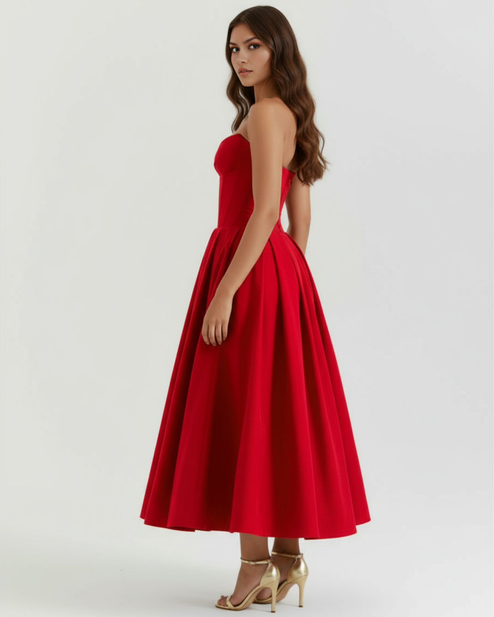 Vestido midi palabra de honor con falda amplia