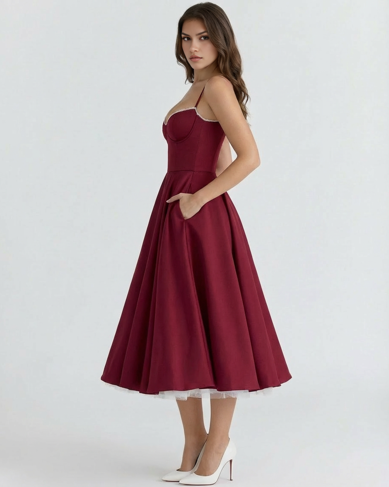 Vestido midi con corsé y falda amplia