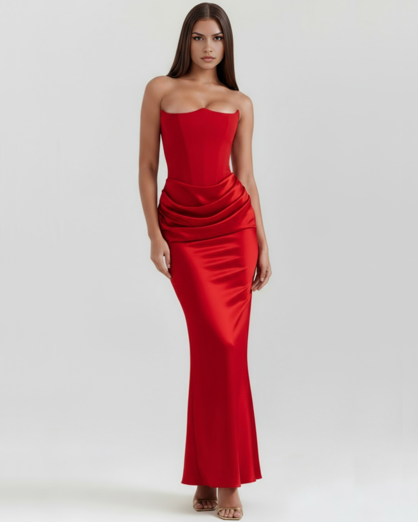 Vestido largo satinado con escote palabra de honor