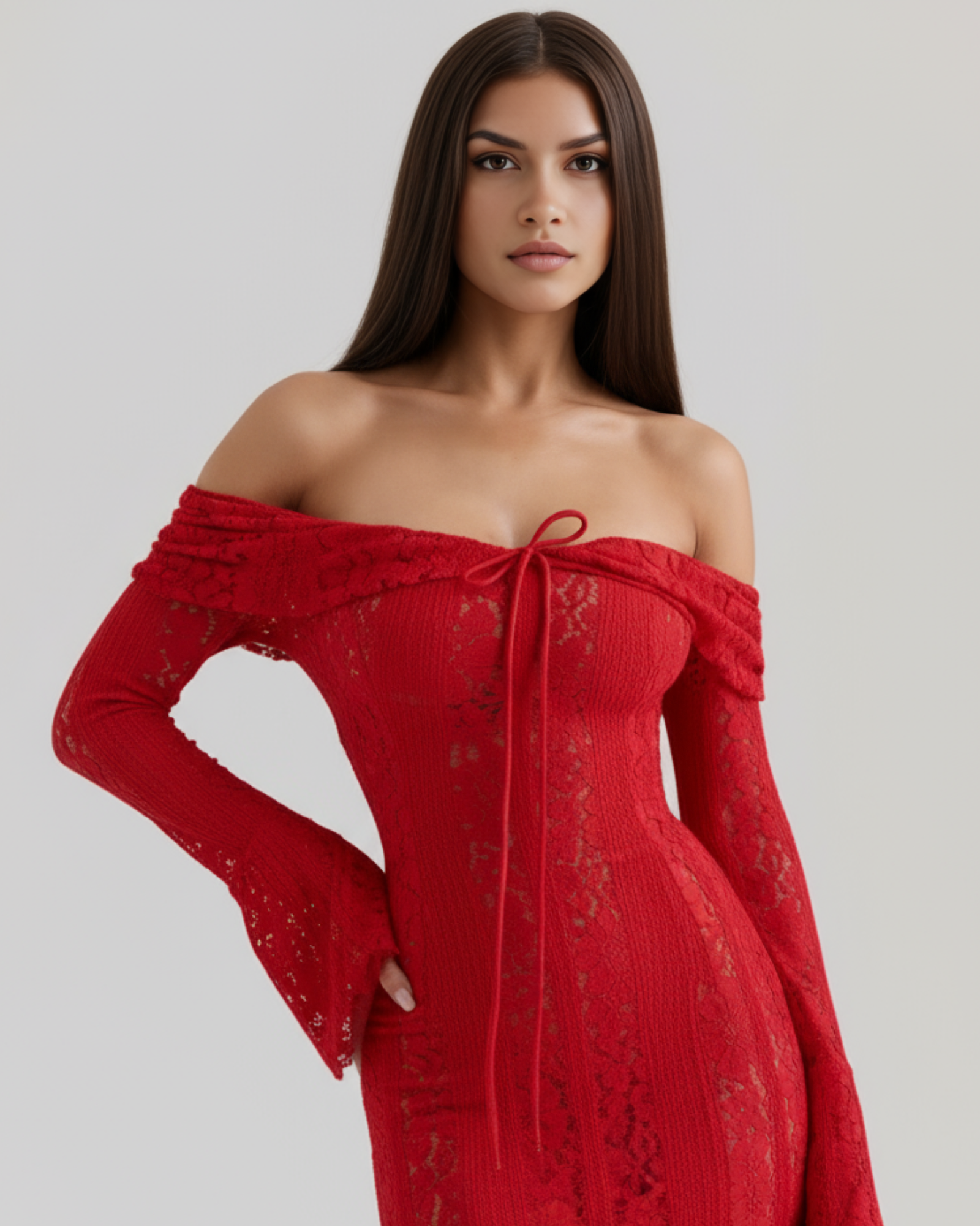 Vestido largo de encaje con escote bardot