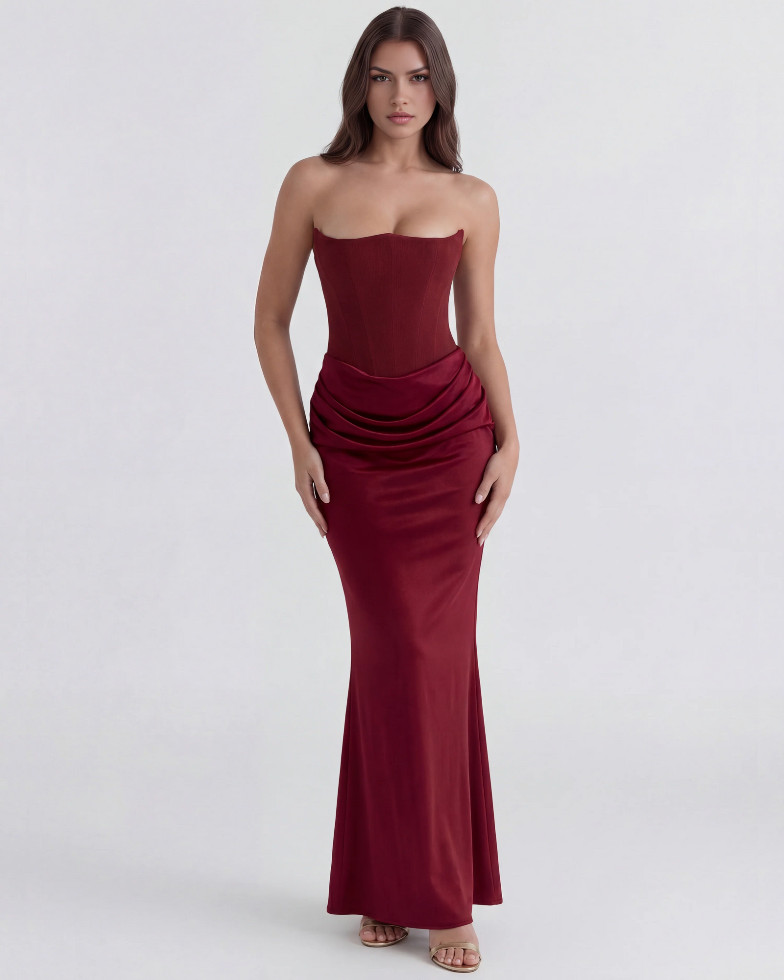 Vestido largo satinado con escote palabra de honor