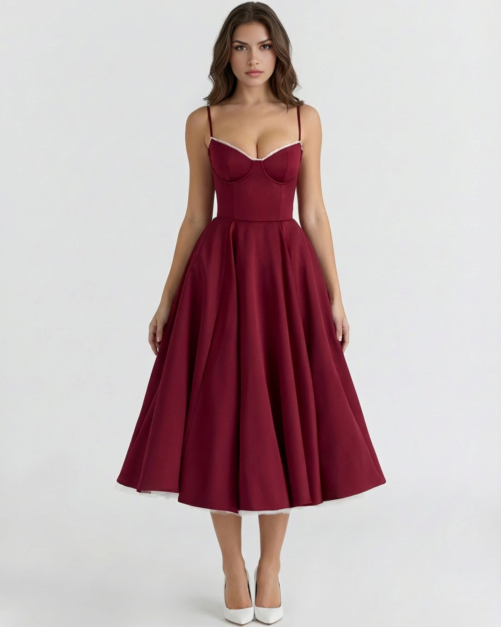 Vestido midi con corsé y falda amplia