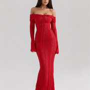 Vestido largo de encaje con escote bardot