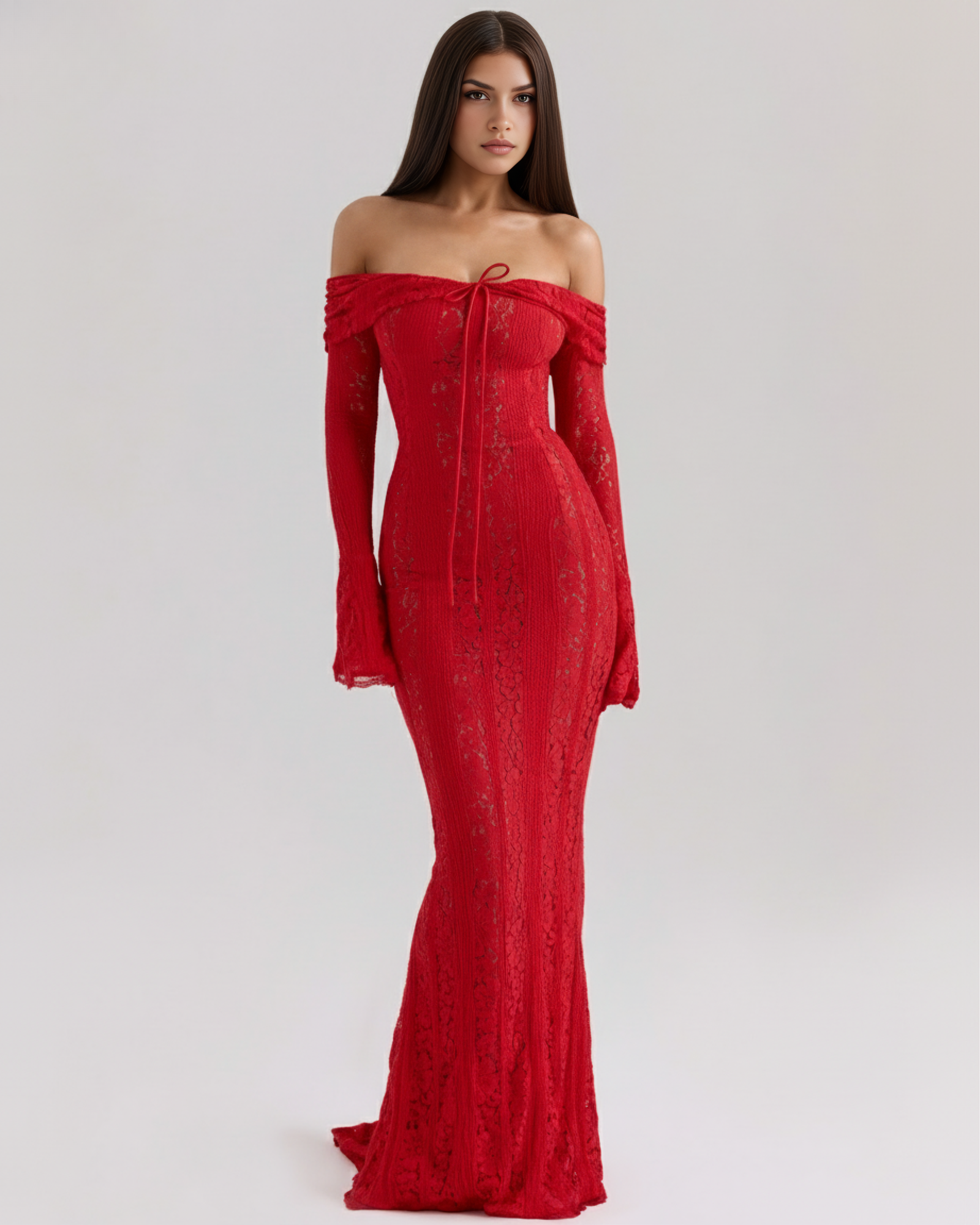 Vestido largo de encaje con escote bardot
