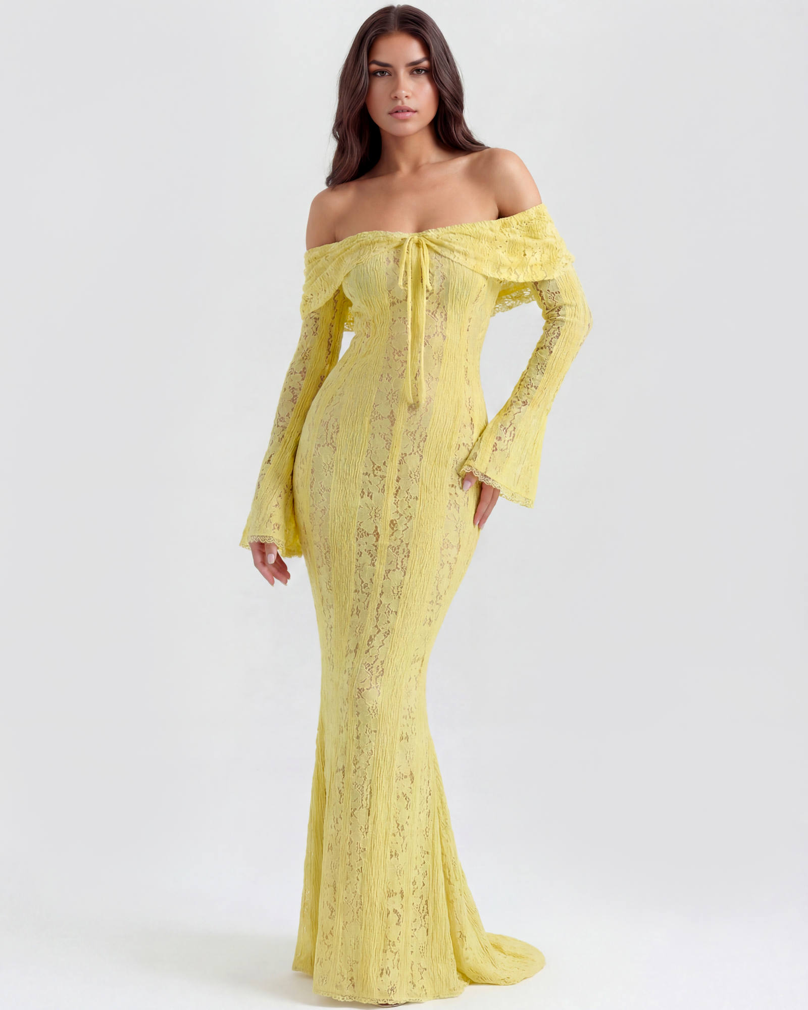 Vestido largo de encaje con escote bardot