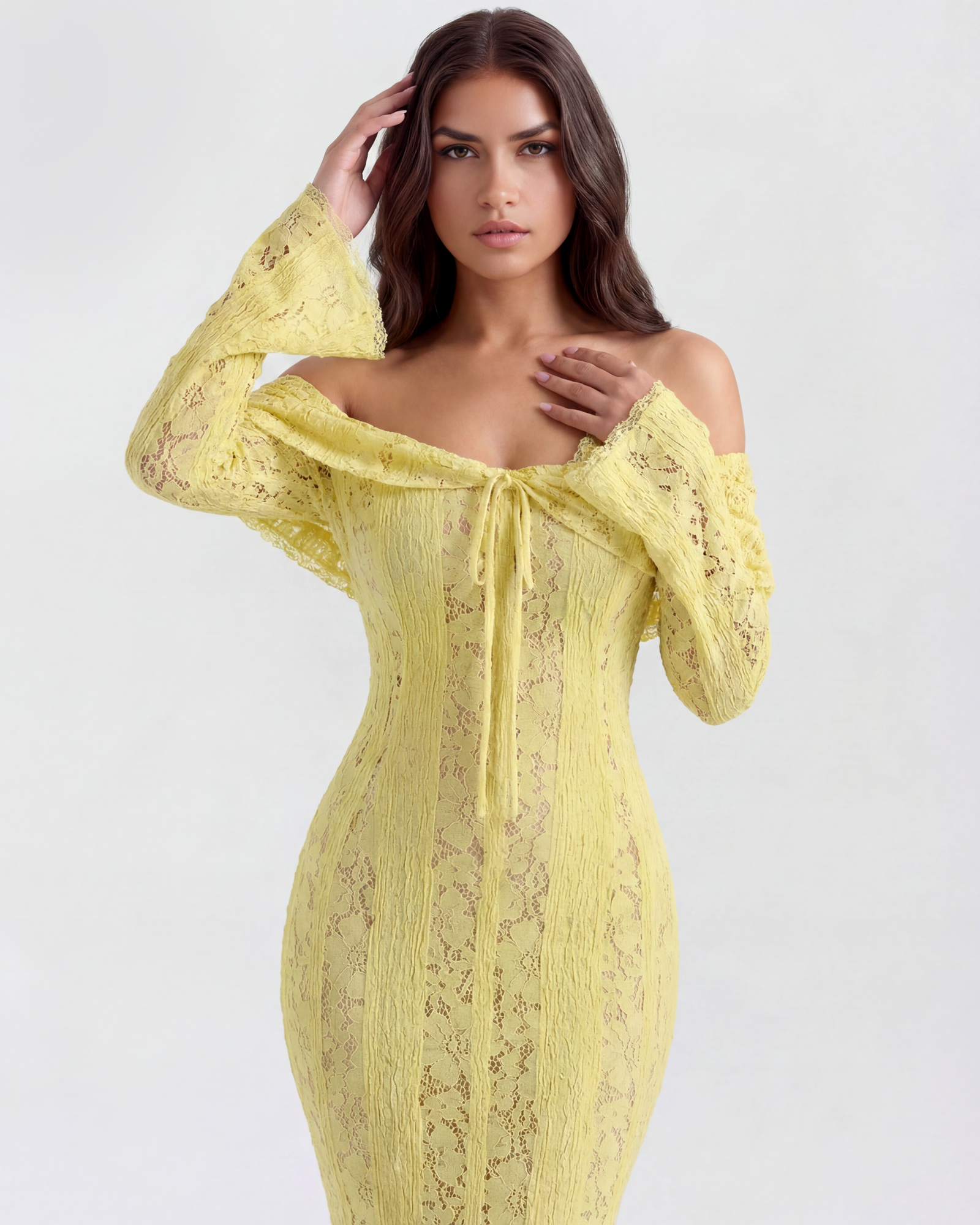 Vestido largo de encaje con escote bardot