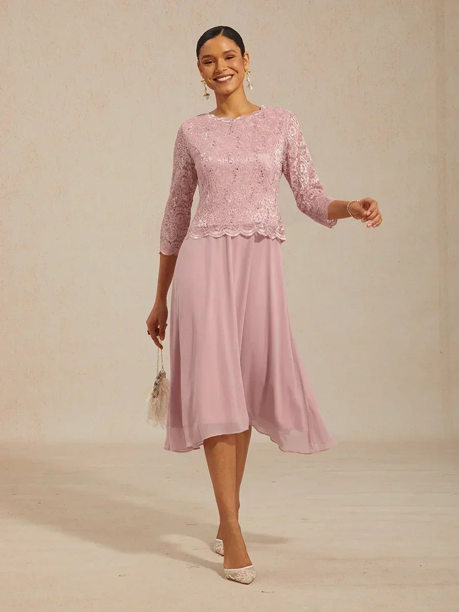 Vestido midi con encaje y manga tres cuartos