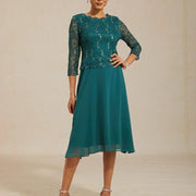 Vestido midi con encaje y manga tres cuartos