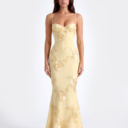 Vestido largo con corsé floral bordado