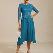 Vestido midi con encaje y manga tres cuartos