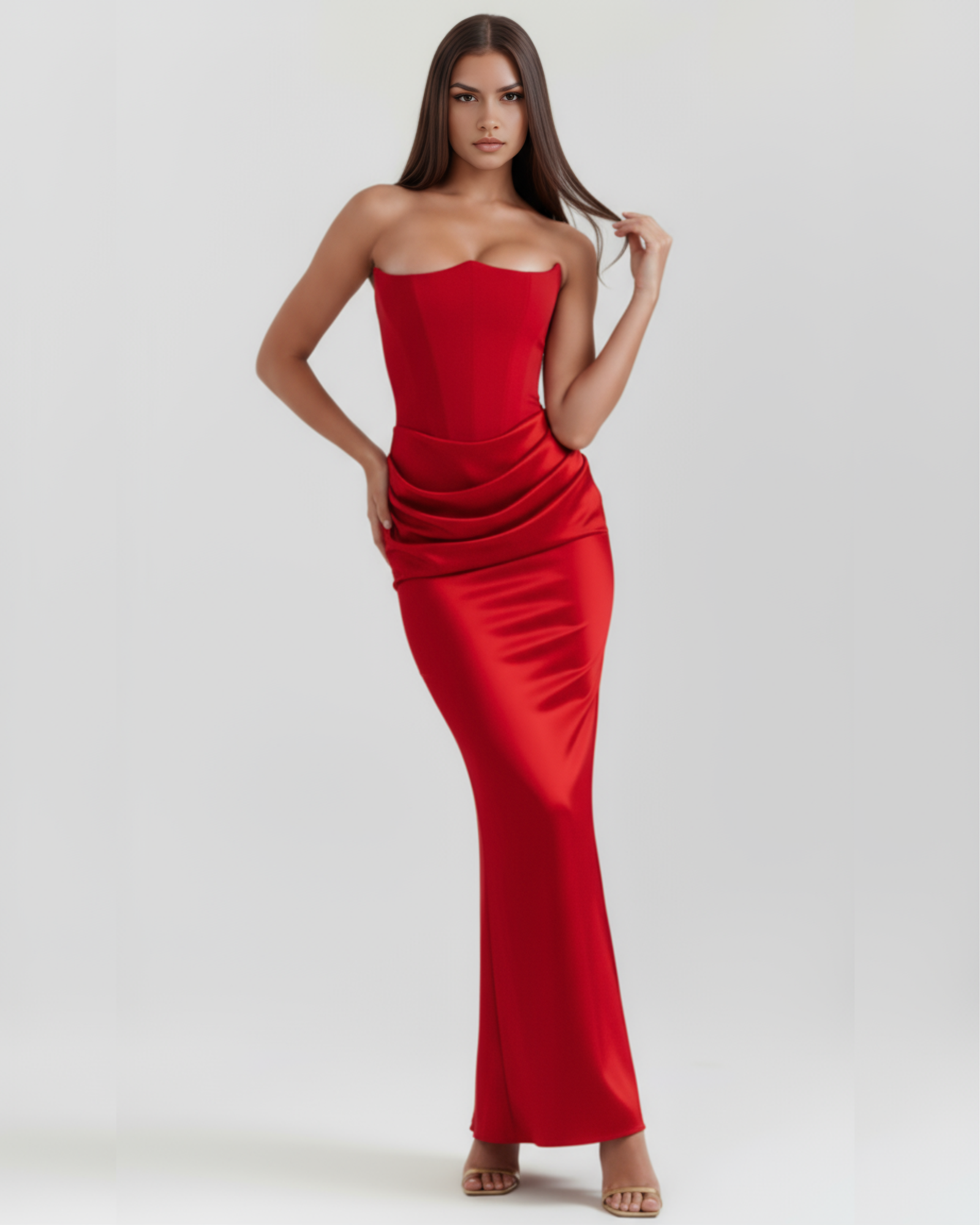 Vestido largo satinado con escote palabra de honor