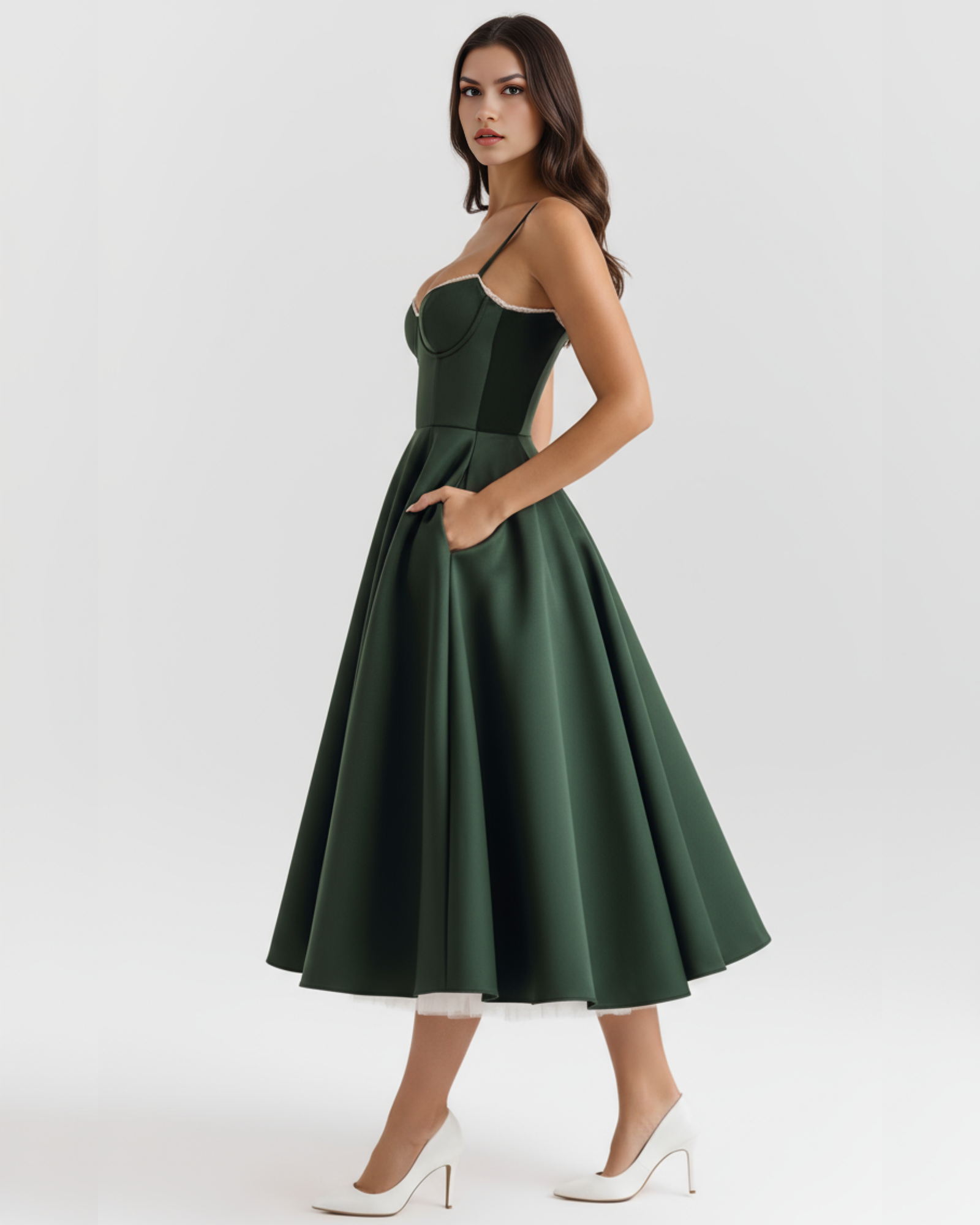 Vestido midi con corsé y falda amplia