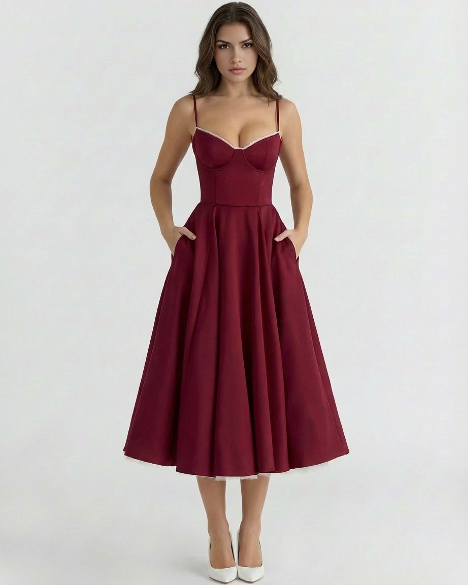 Vestido midi con corsé y falda amplia