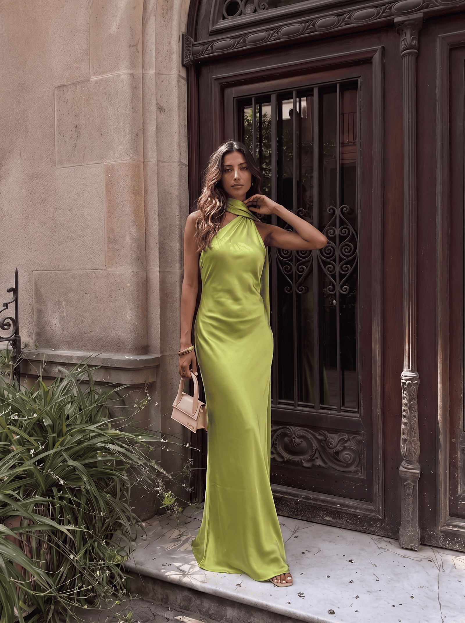 Vestido largo satinado con cuello halter Verde