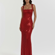 Vestido largo brillante con escote cuadrado