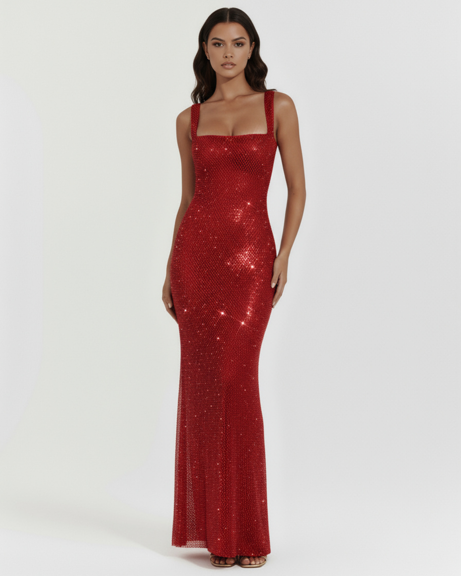 Vestido largo brillante con escote cuadrado