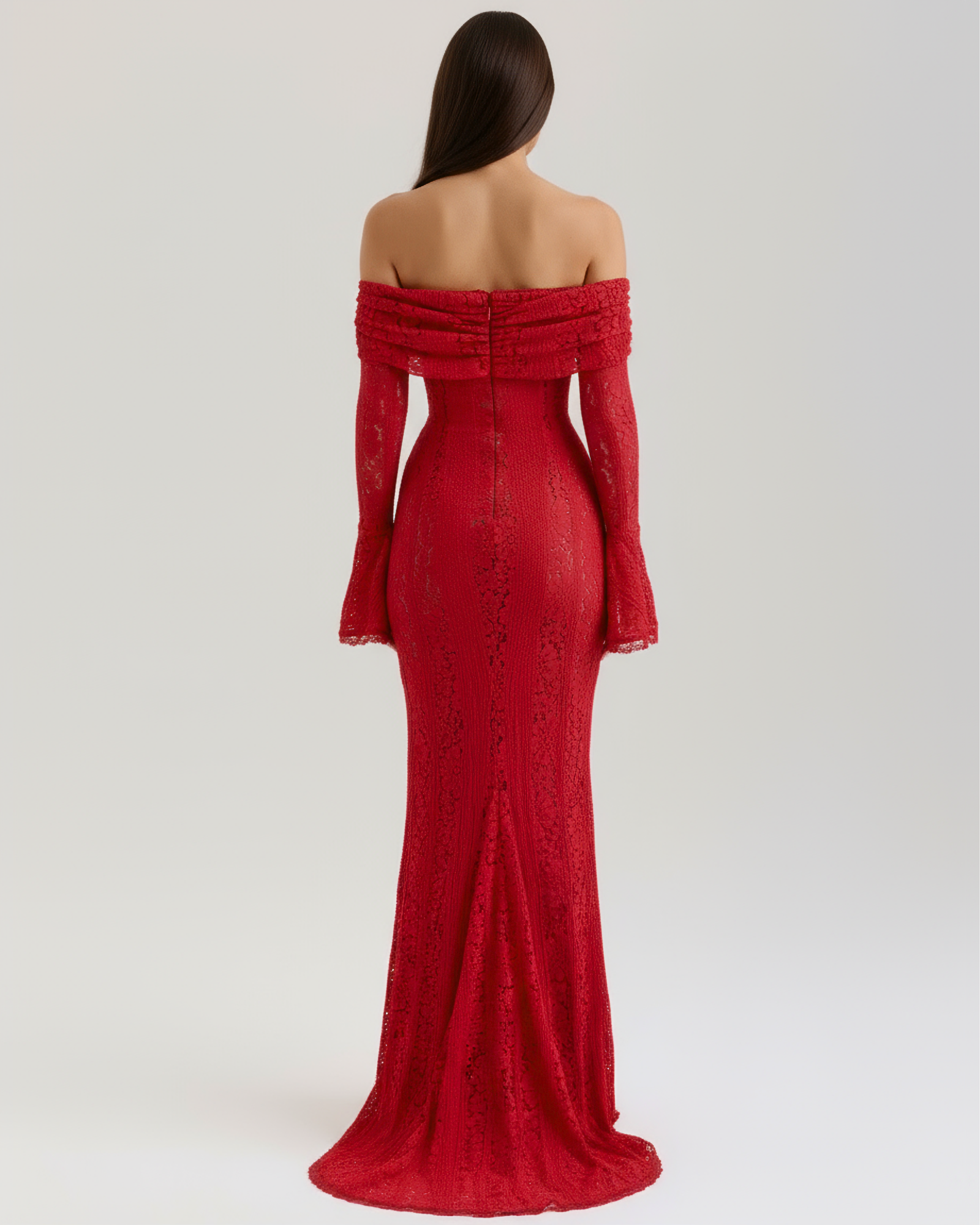 Vestido largo de encaje con escote bardot