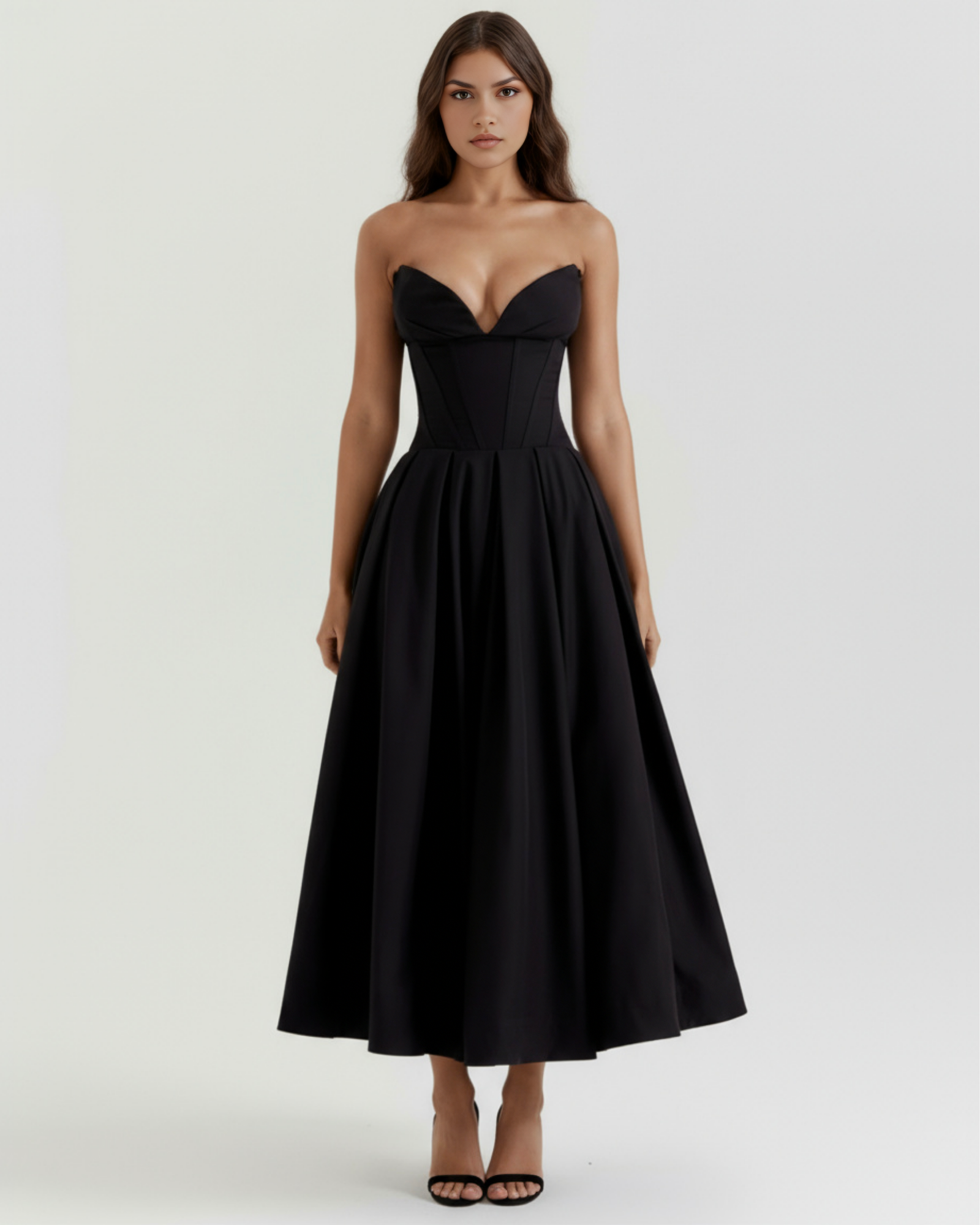 Vestido midi palabra de honor con falda amplia