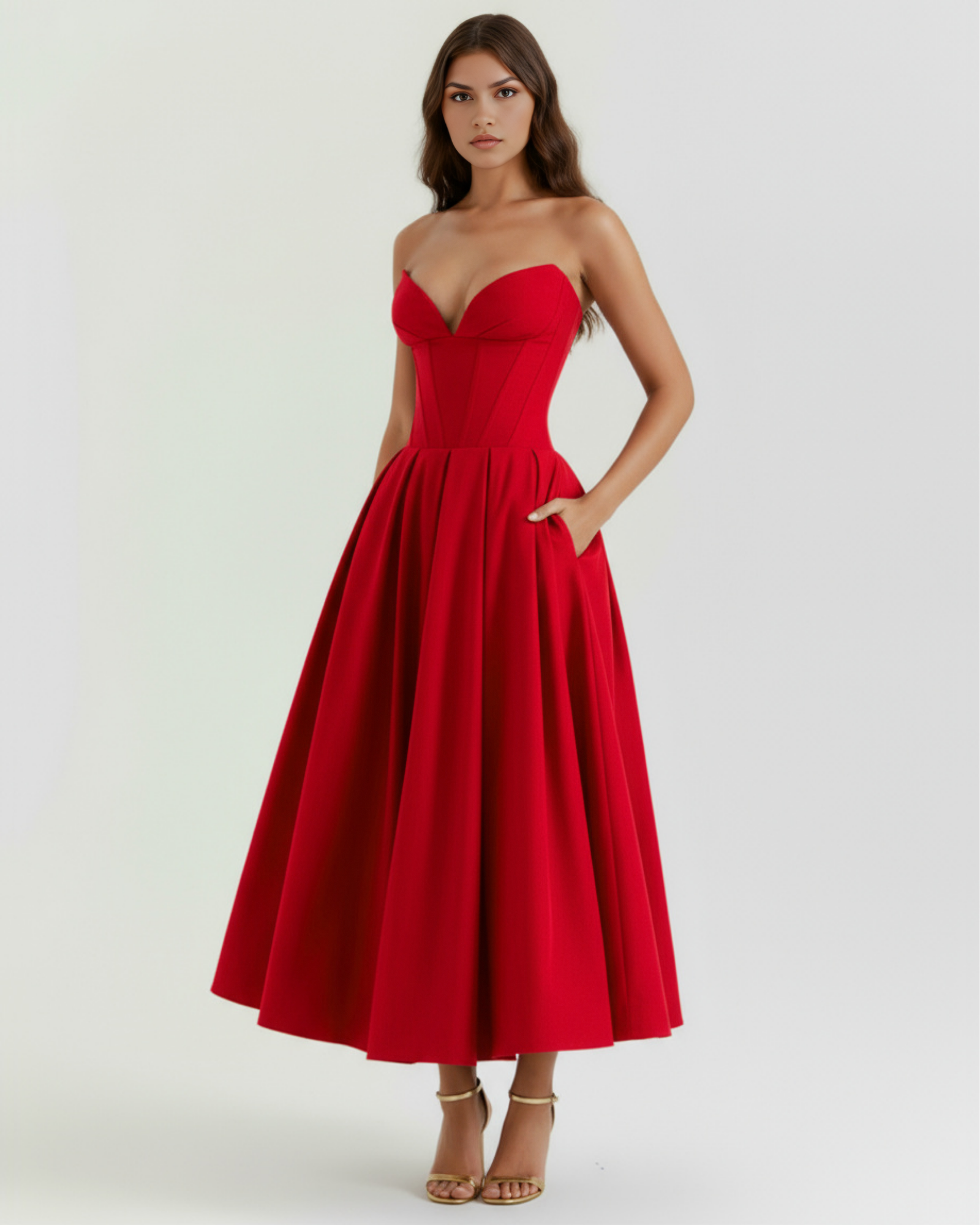 Vestido midi palabra de honor con falda amplia