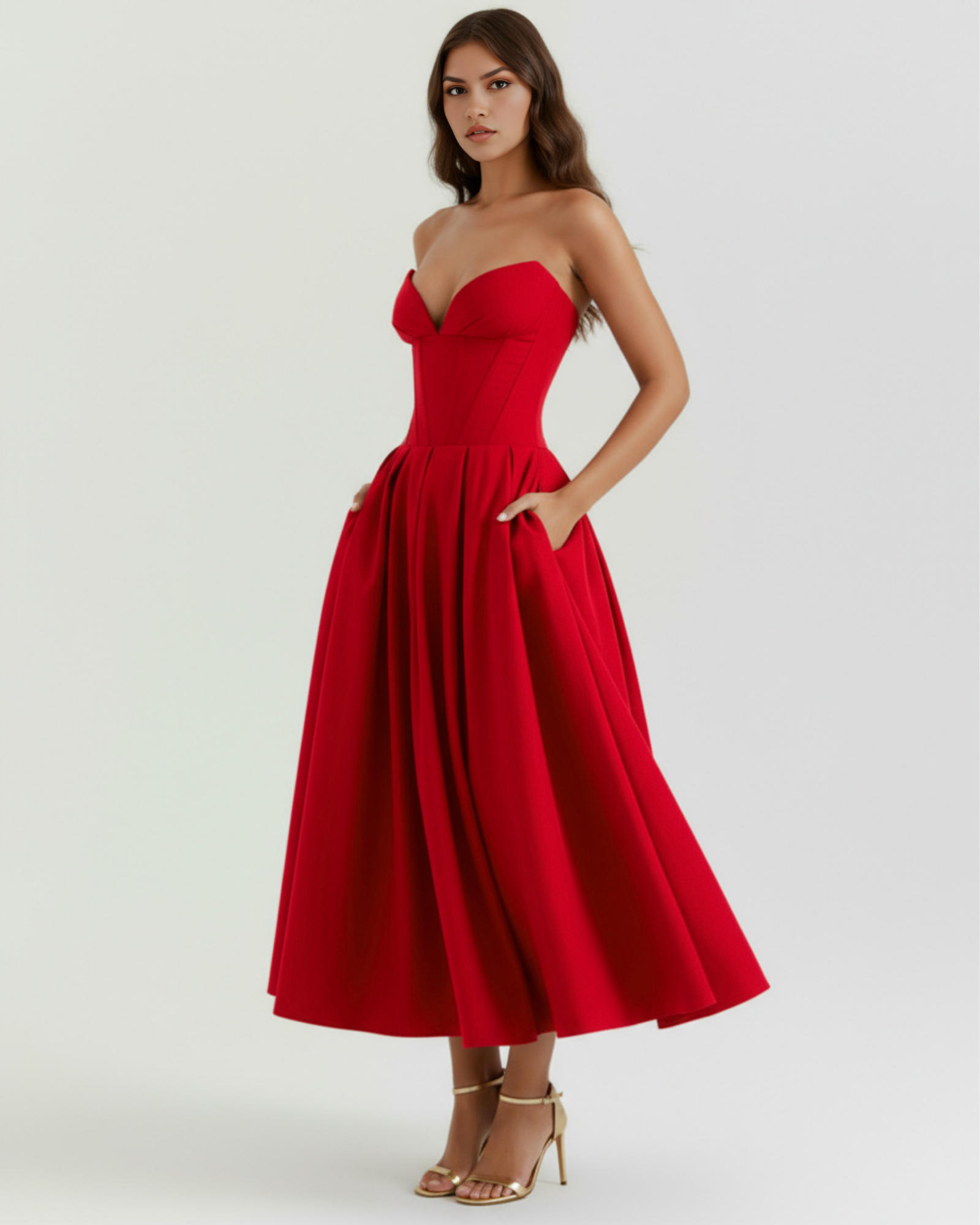 Vestido midi palabra de honor con falda amplia