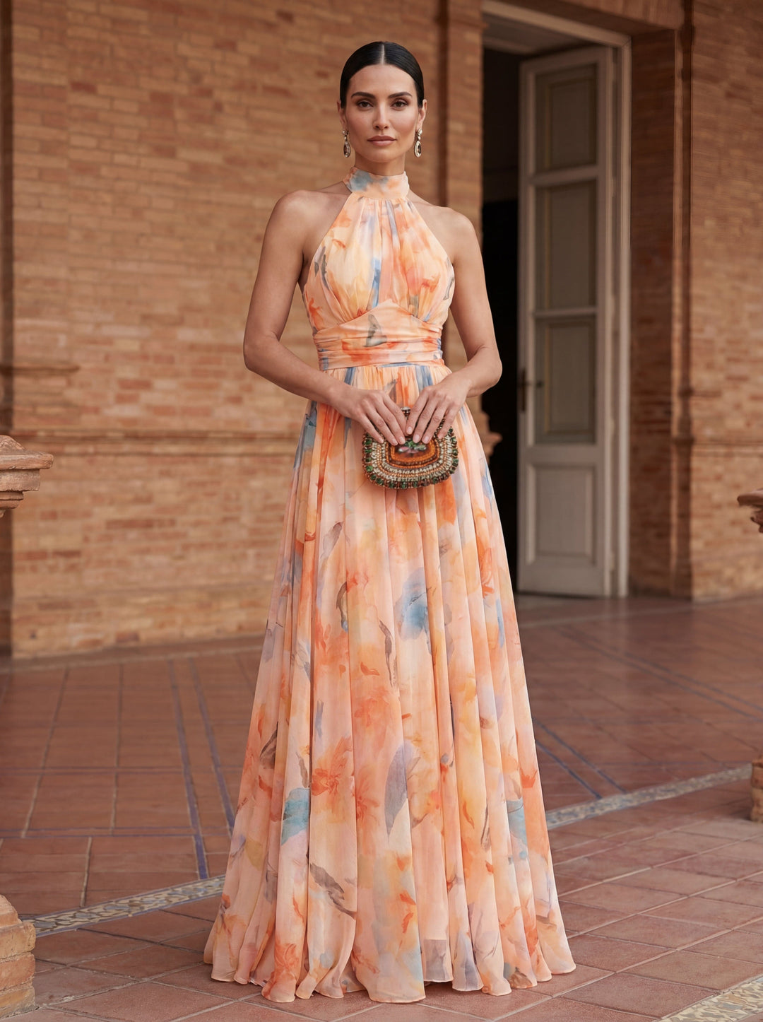 Vestido de Cuello Halter con Estampado de Acuarela