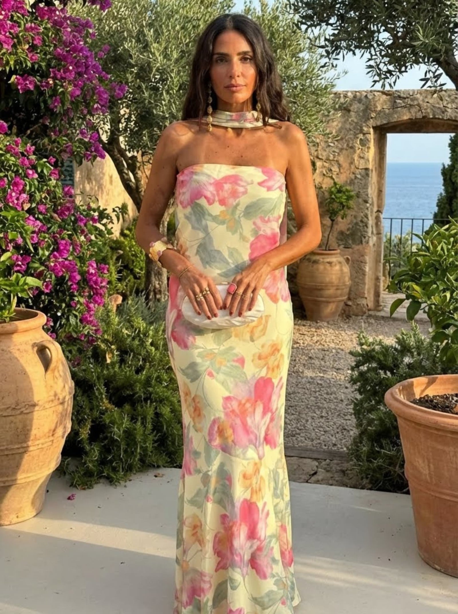 Vestido Largo Strapless Floral Acuarela