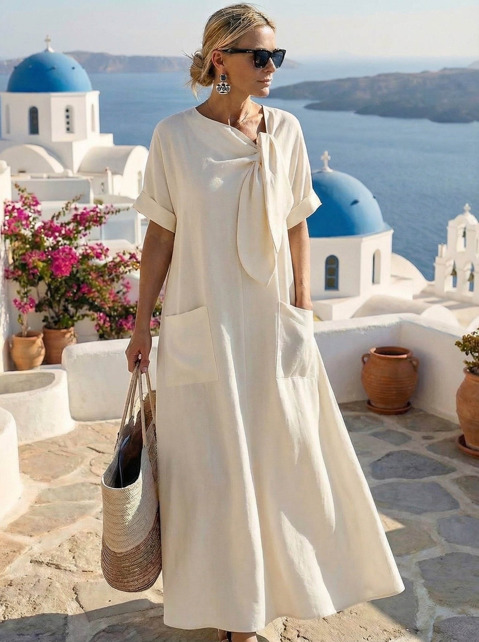 Vestido midi fluido con lazada al cuello