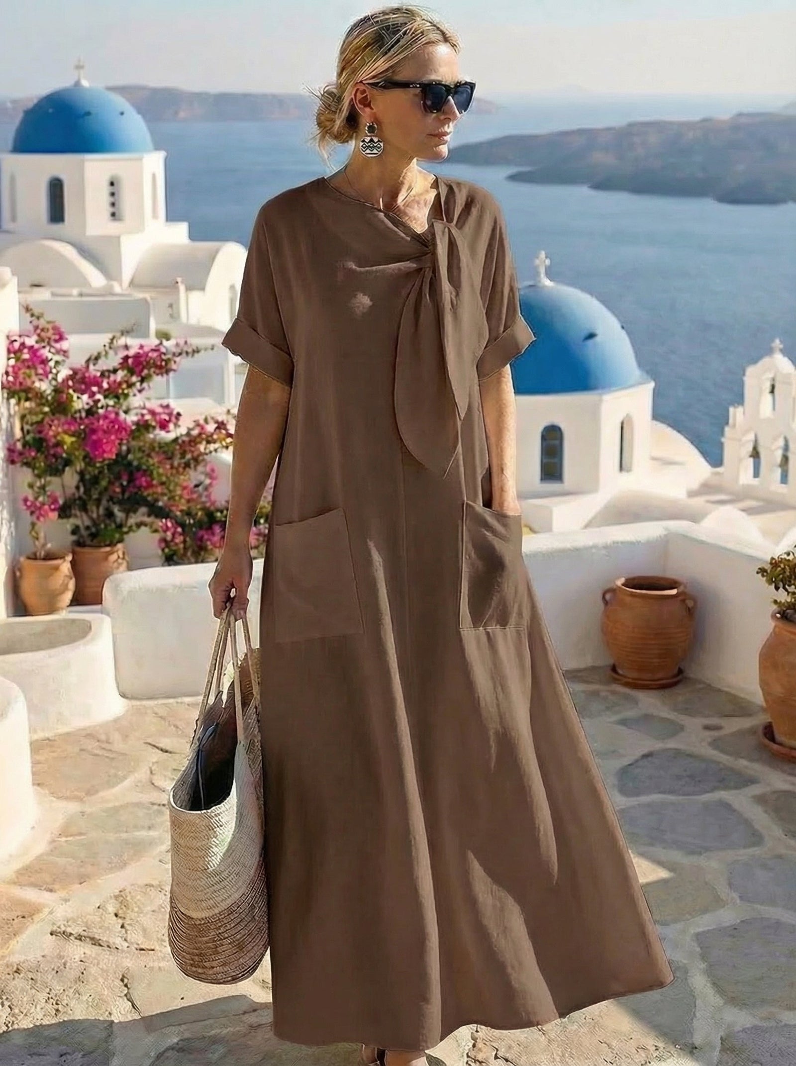 Vestido midi fluido con lazada al cuello