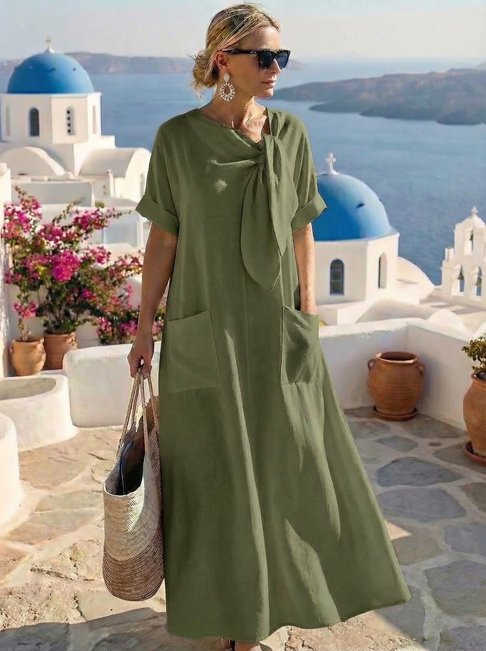 Vestido midi fluido con lazada al cuello
