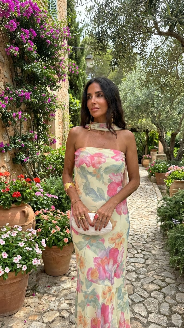 Vestido Largo Strapless Floral Acuarela