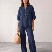 Conjunto de lino con mangas murciélago y pantalón ancho