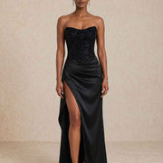 Vestido largo con cuerpo de lentejuelas