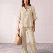 Conjunto de lino con mangas murciélago y pantalón ancho